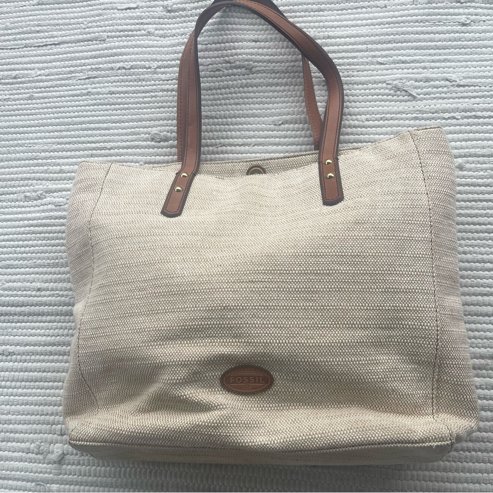 Fossil Canvas Tote Leather Details 14x14 Excellent Pre-Owned - Picture 16 of 16